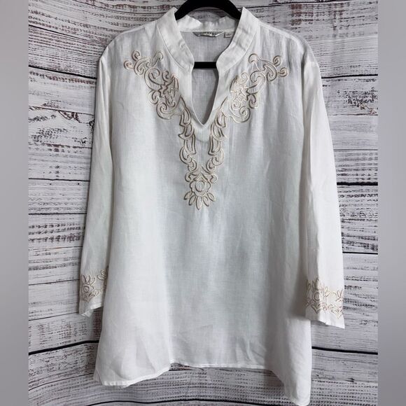 Orvis Top Womens size X Large Linen embroidered Minimalist Boho shirt Gauze - Picture 2 of 10